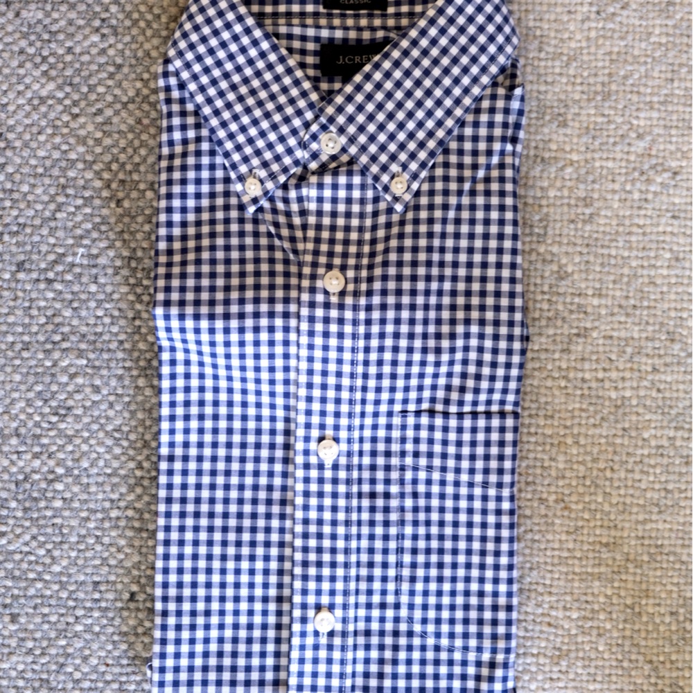 J. Crew Bowery Wrinkle Free Stretch Cotton Navy and White Checkered Dress Shirt